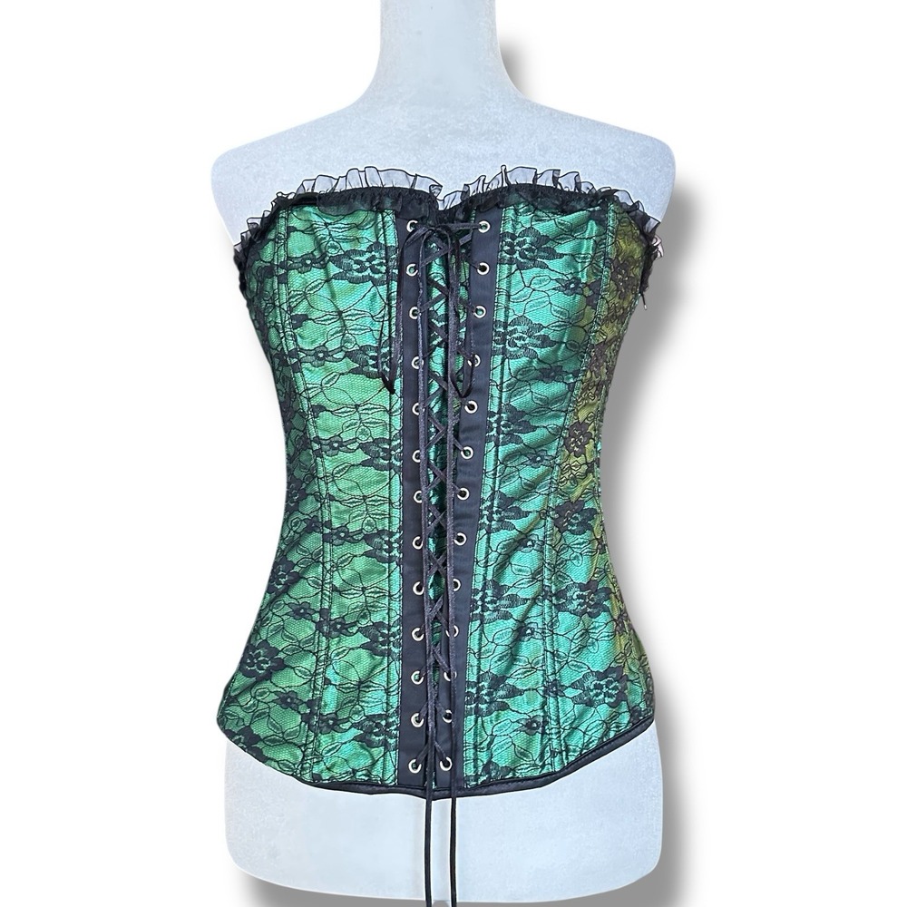 Lydia Women's Green Black Lace Overbust Corset Top L Lace-Up Gothic Fairycore